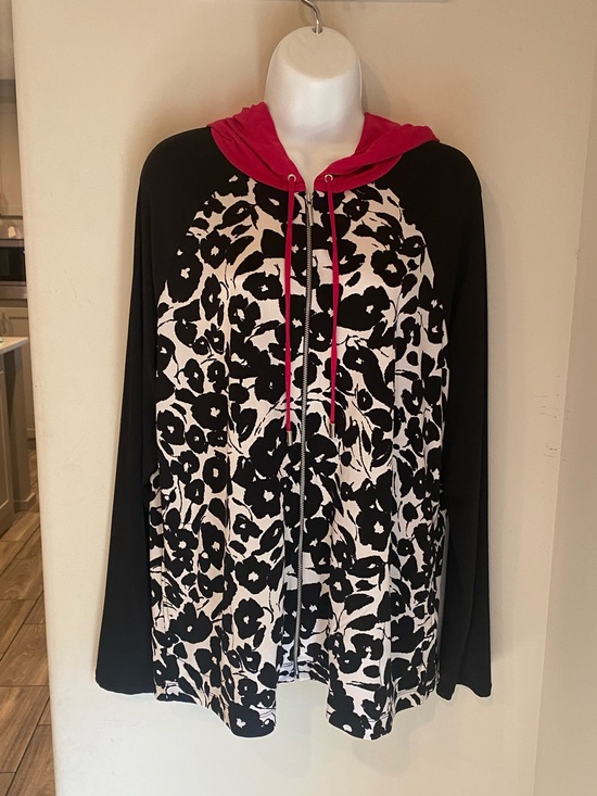 Susan Graver Jackets & Blazers - Susan Graver Liquid Knit Zip Hoodie Jacket Floral Pink Black White A346381 Sz L